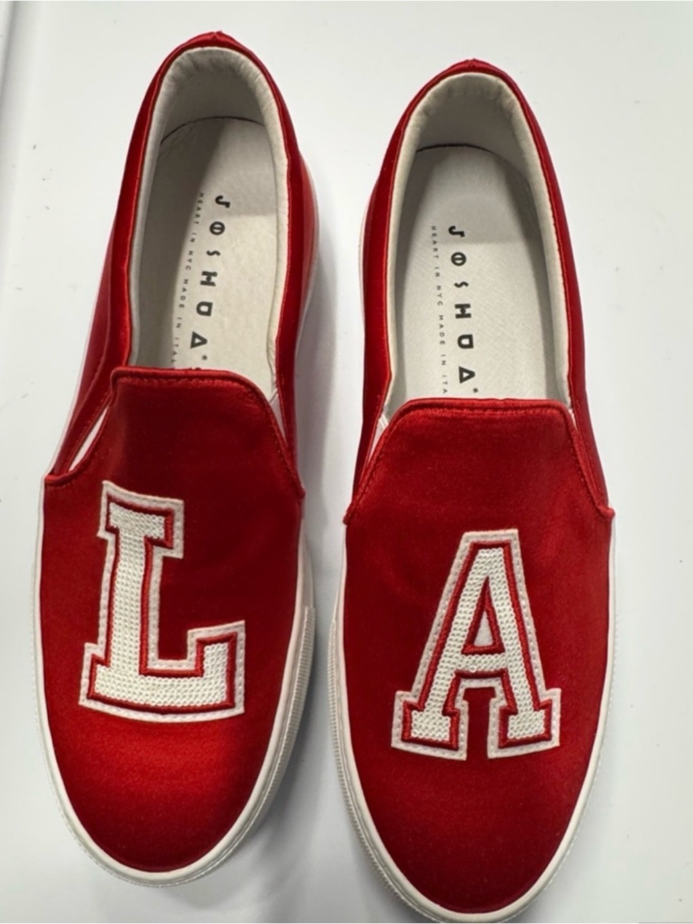 $372.00Joshua Sanders LA Los Angeles Sequin Red Satin Platform Sneakers.